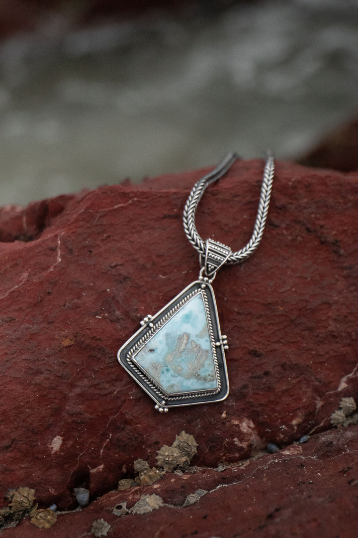 Tribal Design Larimar Pendant set in Sterling Silver