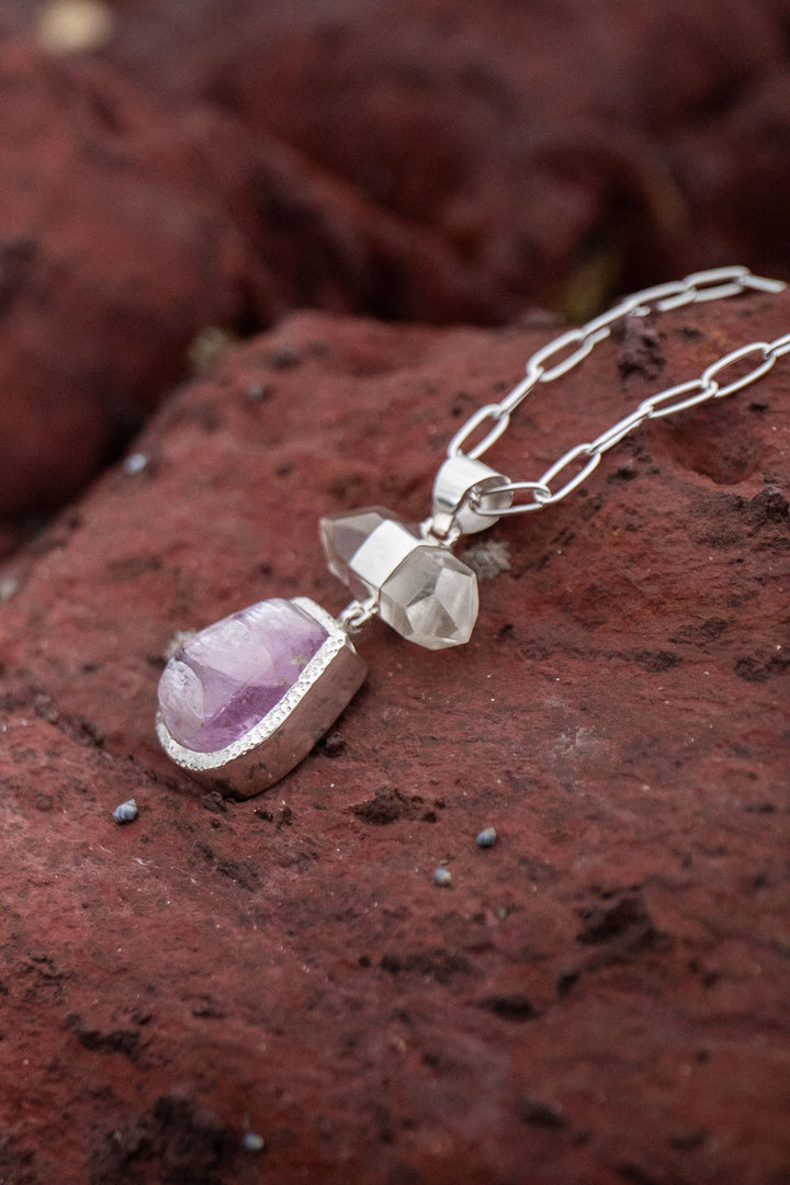 Reserved for Burcu *** Kunzite and Herkimer Diamond Pendant in Sterling Silver Setting