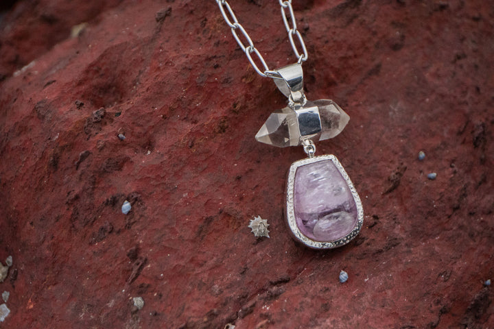 Reserved for Burcu *** Kunzite and Herkimer Diamond Pendant in Sterling Silver Setting