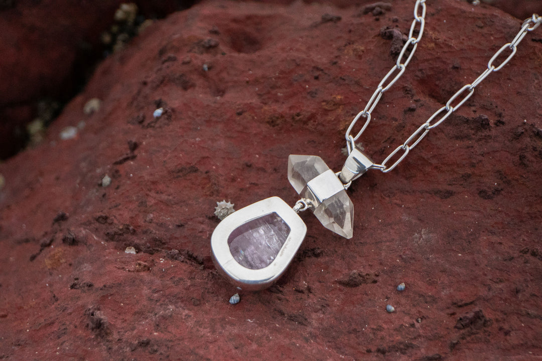 Reserved for Burcu *** Kunzite and Herkimer Diamond Pendant in Sterling Silver Setting