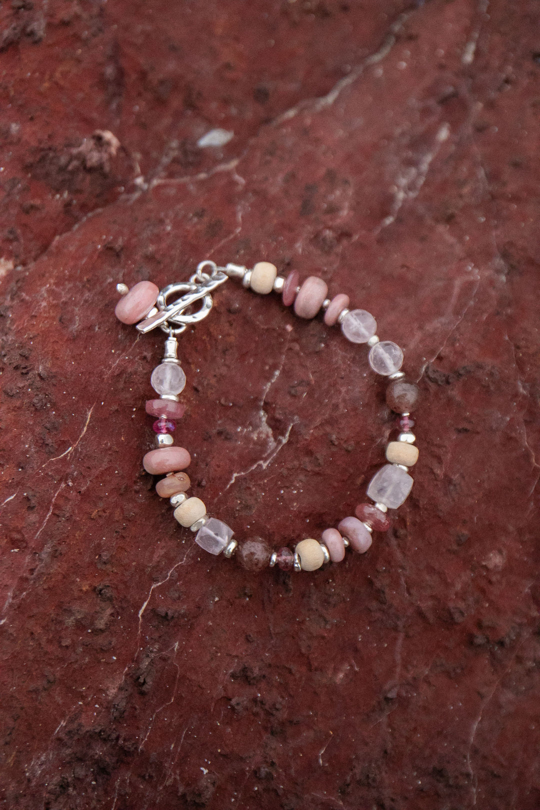 Pink Opal, Rose Quartz and Tourmaline Bracelet with Thai Hill Tribe Silver