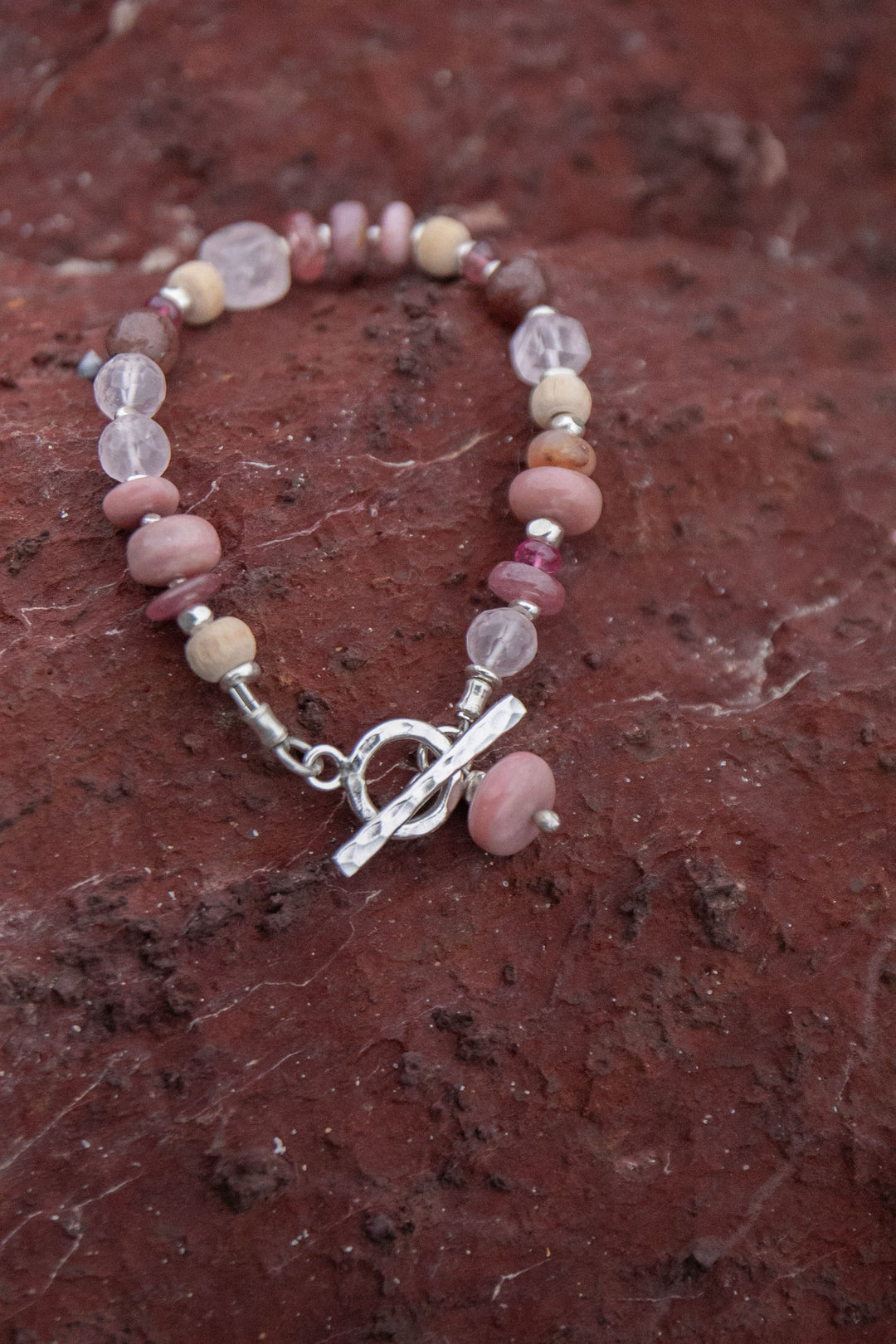 Pink Opal, Rose Quartz and Tourmaline Bracelet with Thai Hill Tribe Silver