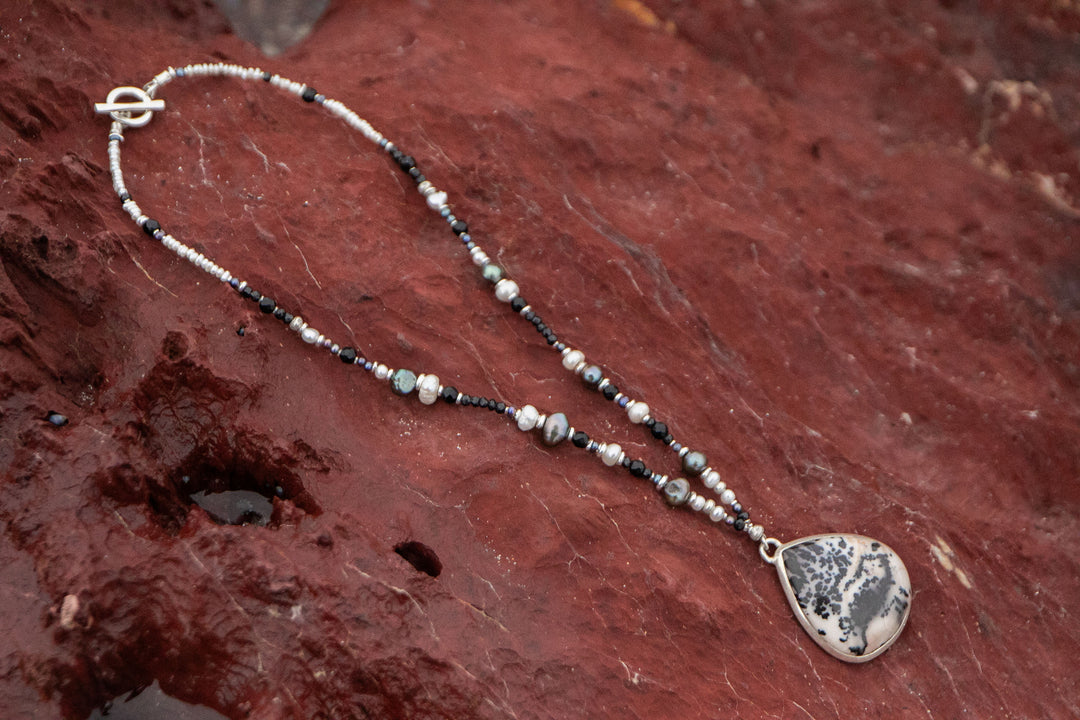 Black Spinel, Freshwater Pearl and Jasper Necklace with Hill Tribe Silver