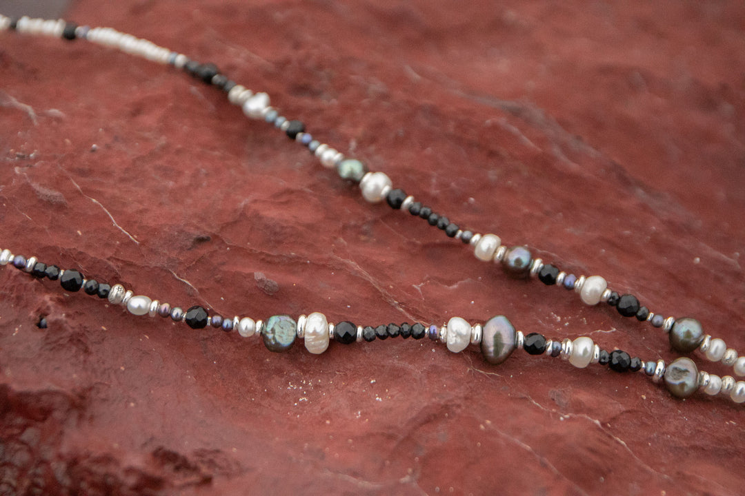 Black Spinel, Freshwater Pearl and Jasper Necklace with Hill Tribe Silver