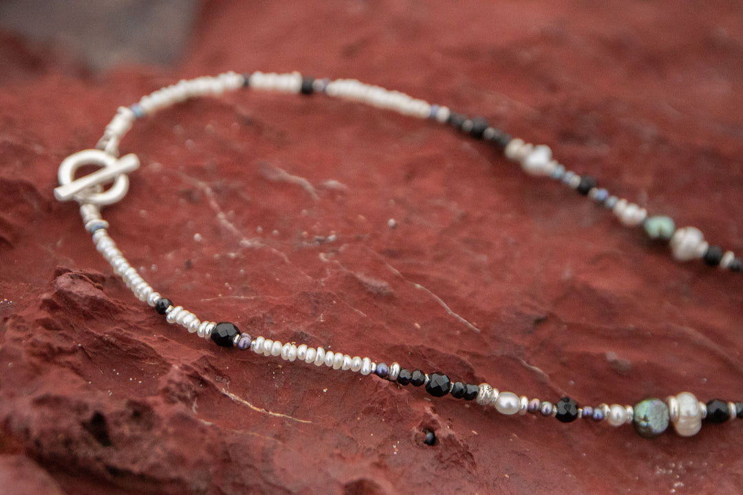 Black Spinel, Freshwater Pearl and Jasper Necklace with Hill Tribe Silver