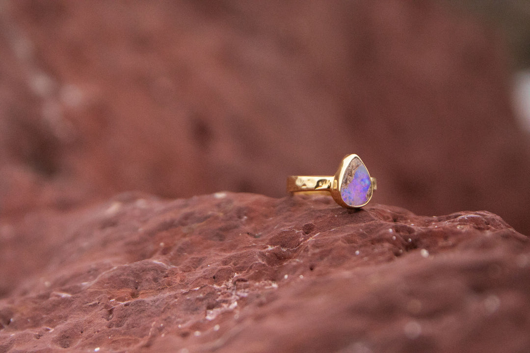 Australian Opal Ring set in Beaten Gold Plated Sterling Silver Band - Size 6 US