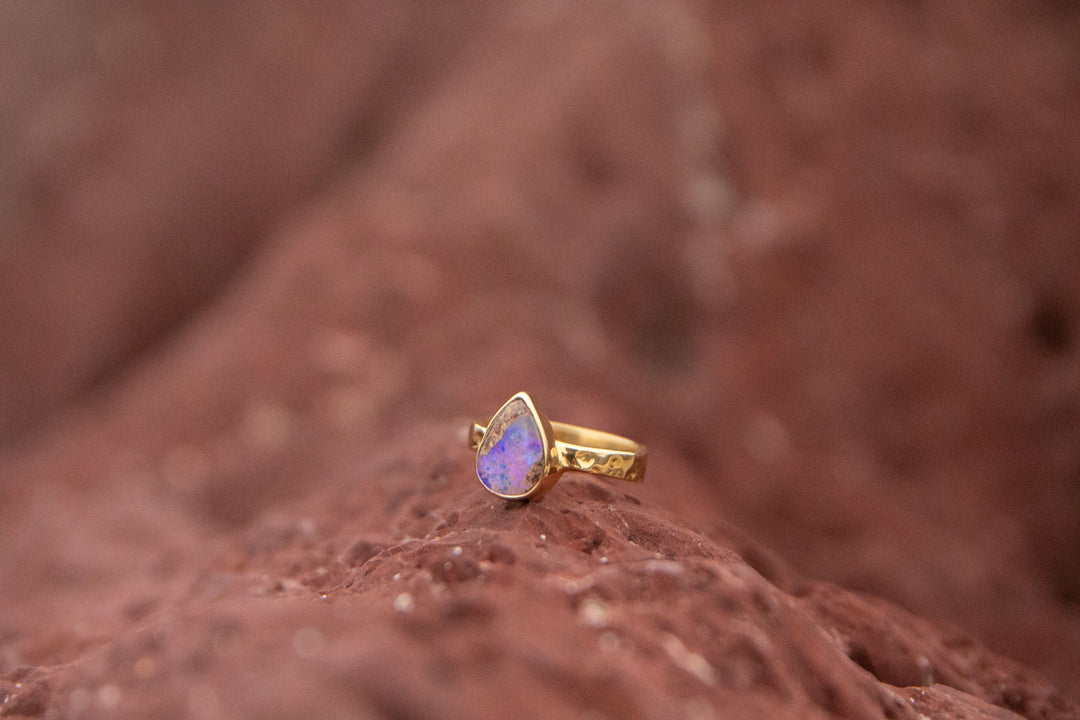 Australian Opal Ring set in Beaten Gold Plated Sterling Silver Band - Size 6 US