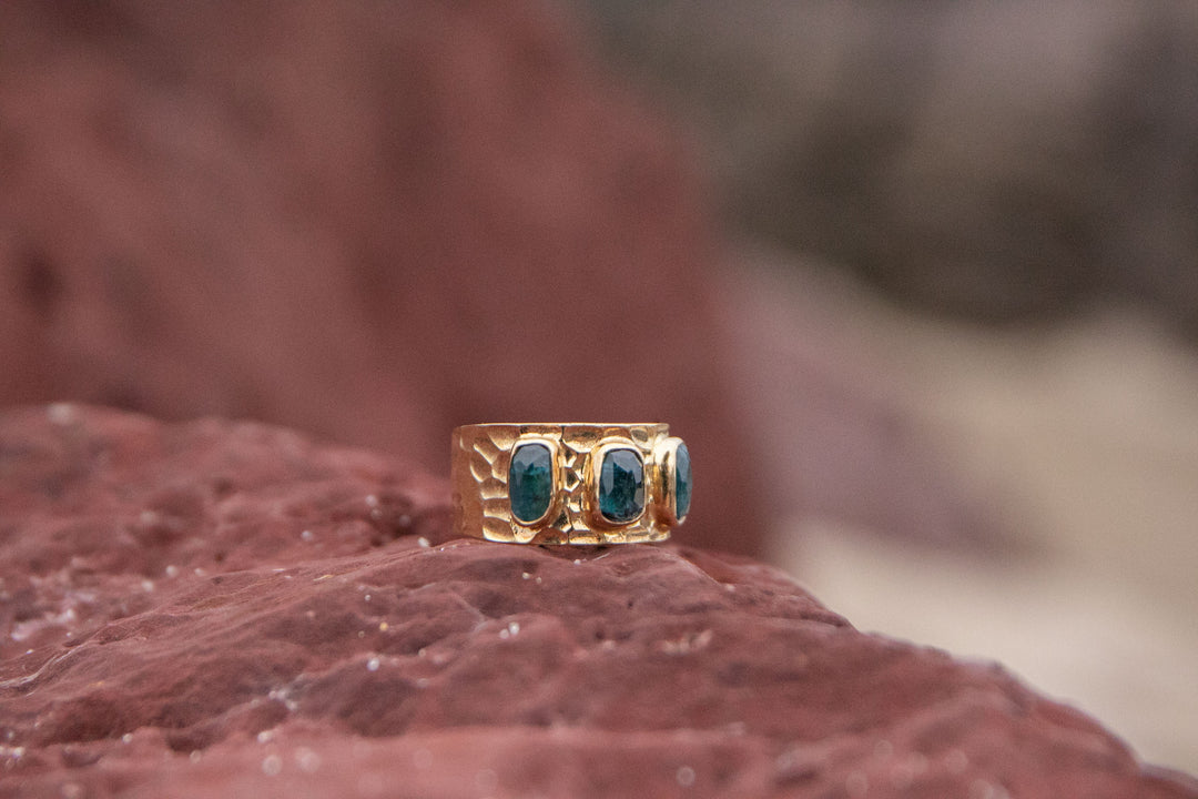 High Quality Triple Blue Green Tourmaline Ring set in Beaten 14k Gold Plated Sterling Silver - Size 7.5 US