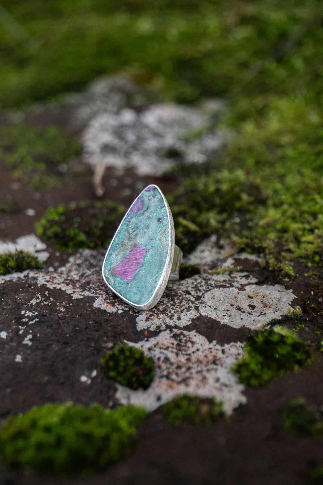 Statement Ruby in Fuchsite Ring in Brushed Sterling Silver