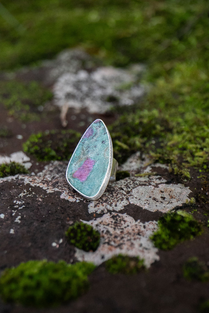 Statement Ruby in Fuchsite Ring in Brushed Sterling Silver