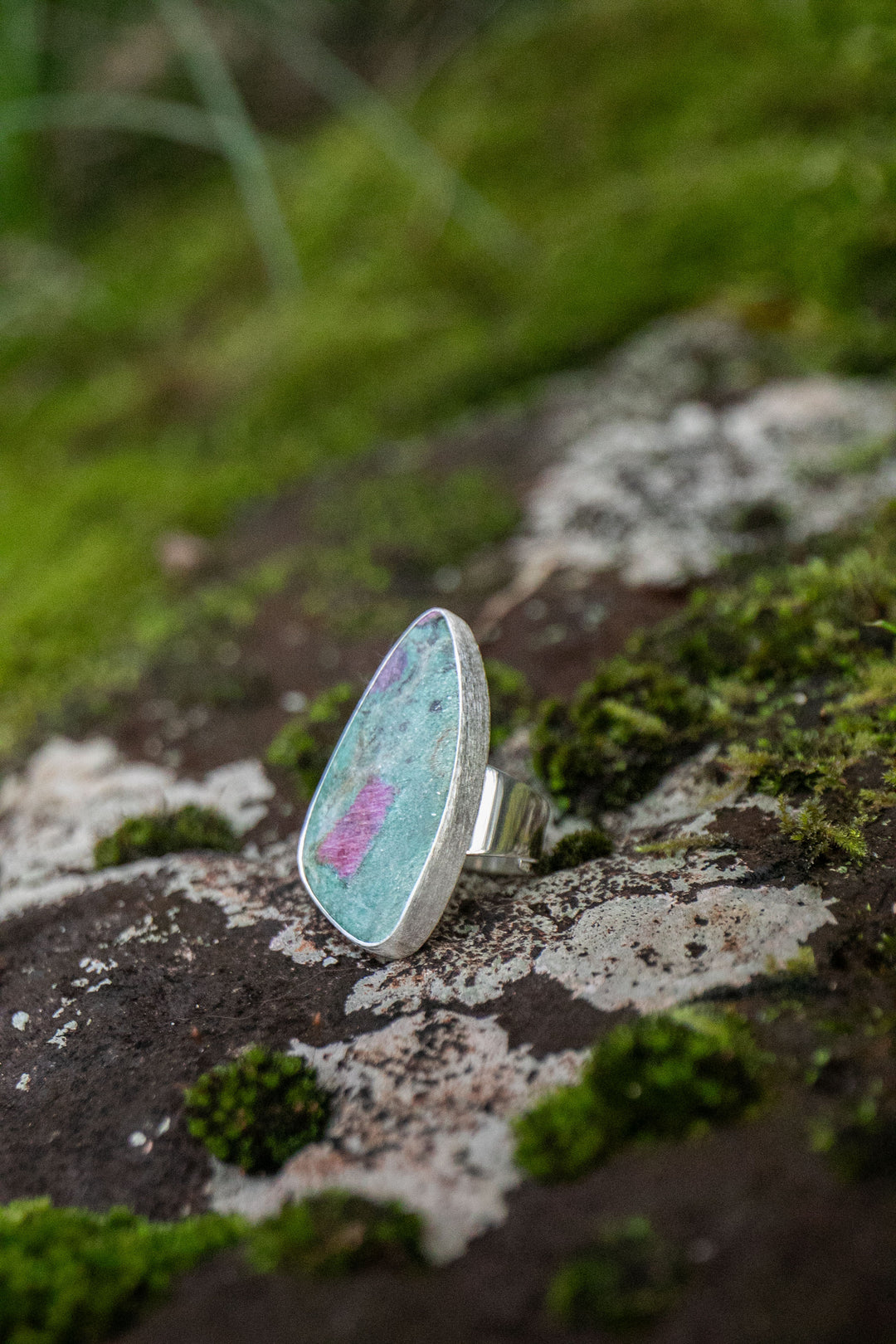 Statement Ruby in Fuchsite Ring in Brushed Sterling Silver