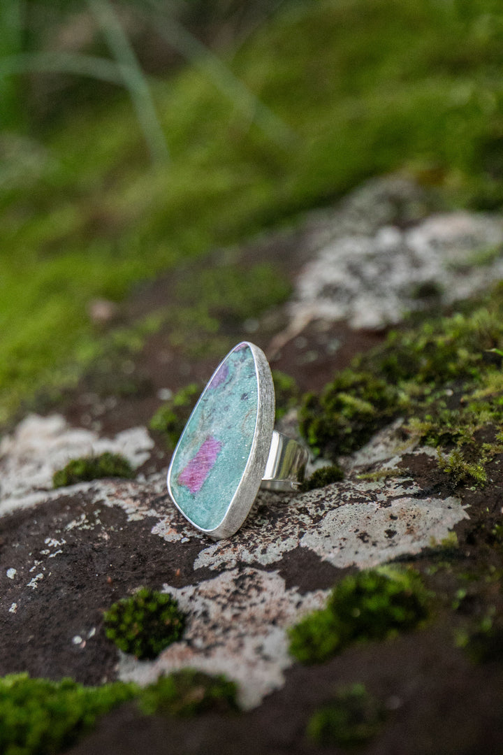 Statement Ruby in Fuchsite Ring in Brushed Sterling Silver