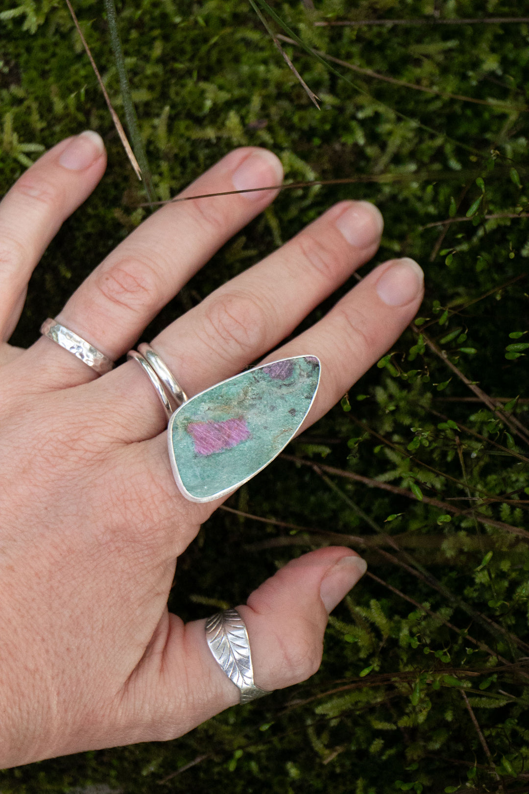 Statement Ruby in Fuchsite Ring in Brushed Sterling Silver