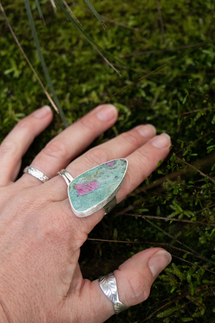 Statement Ruby in Fuchsite Ring in Brushed Sterling Silver