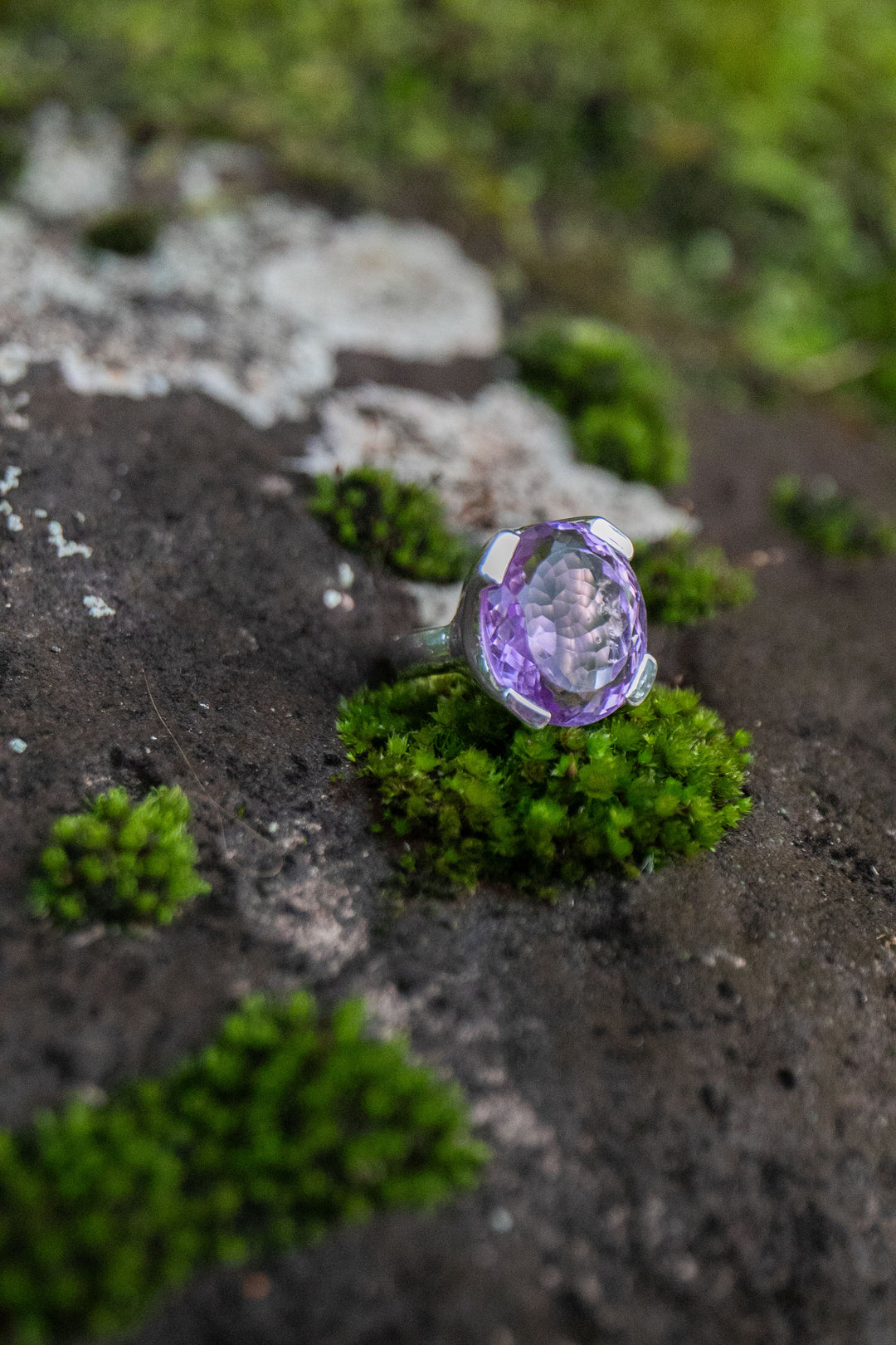 Faceted Amethyst Ring in Sterling Silver Setting - Size 7 US