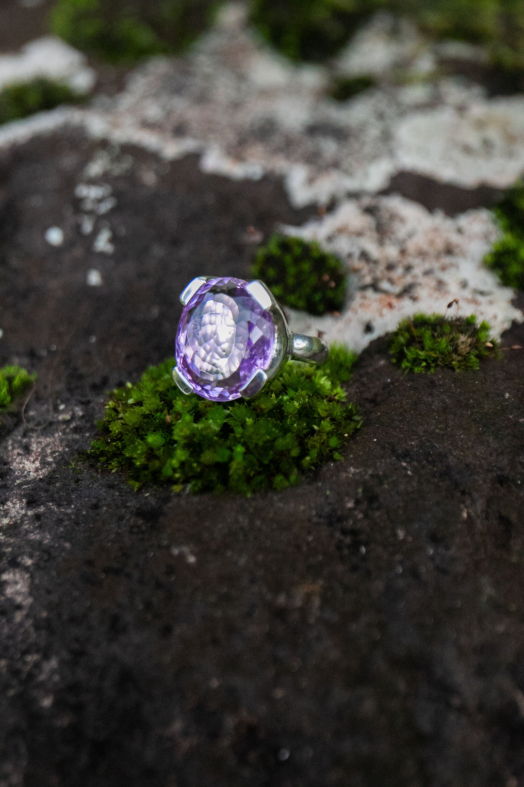 Faceted Amethyst Ring in Sterling Silver Setting - Size 7 US