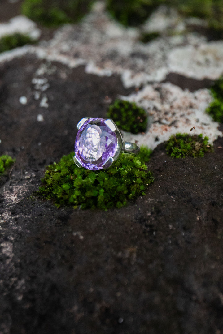 Faceted Amethyst Ring in Sterling Silver Setting - Size 7 US