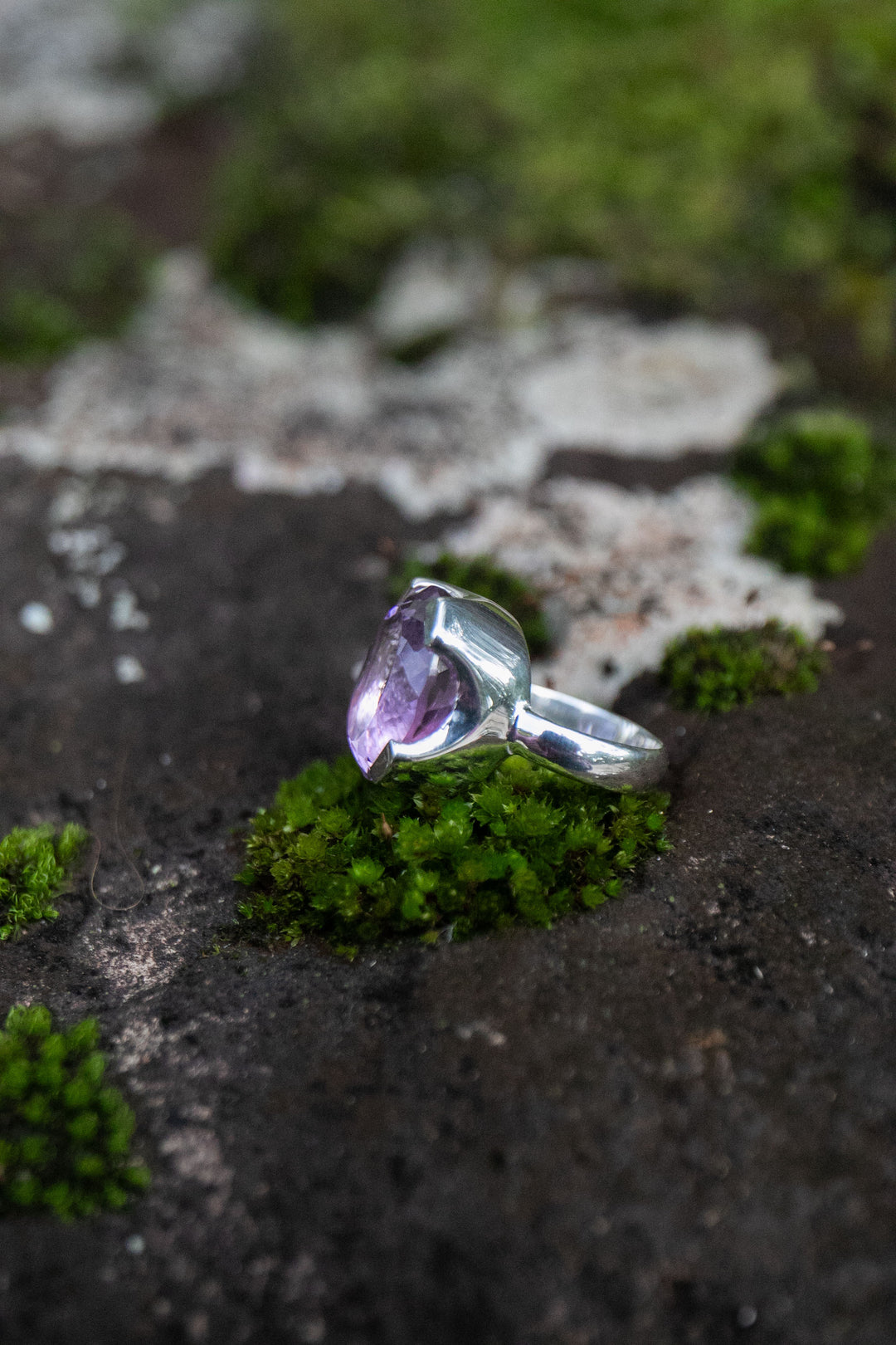 Faceted Amethyst Ring in Sterling Silver Setting - Size 7 US