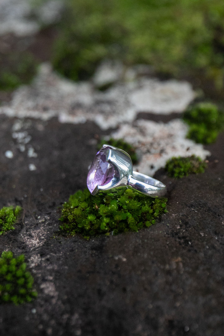 Faceted Amethyst Ring in Sterling Silver Setting - Size 7 US