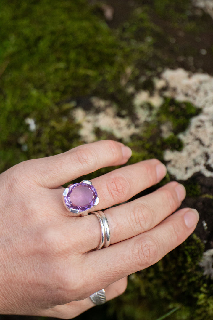 Faceted Amethyst Ring in Sterling Silver Setting - Size 7 US