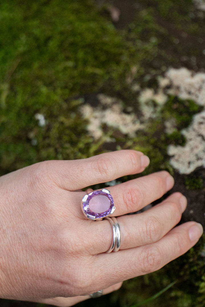 Faceted Amethyst Ring in Sterling Silver Setting - Size 7 US