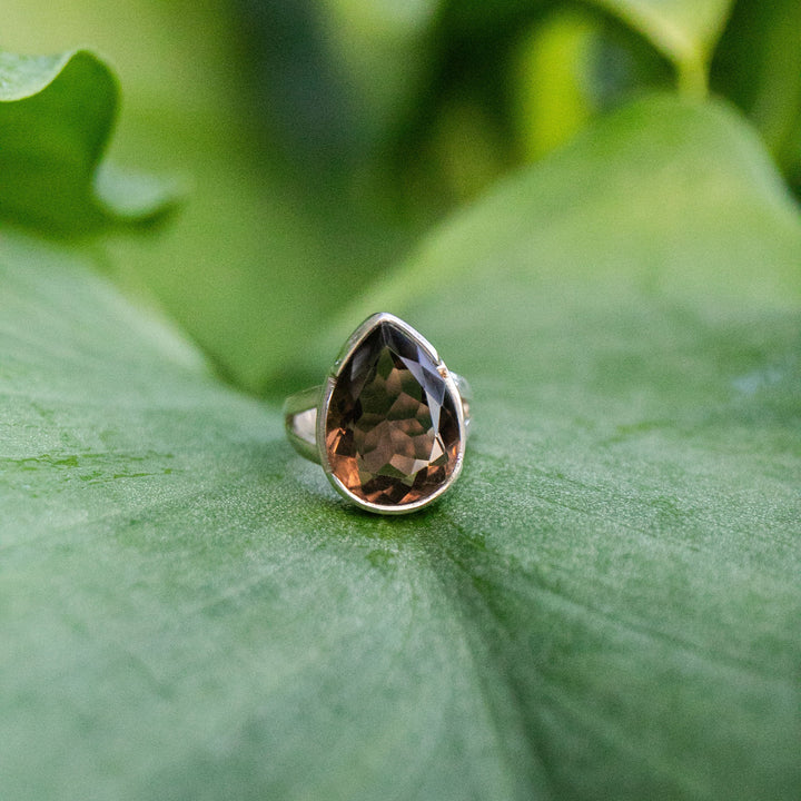 Faceted Smokey Quartz Ring set in Sterling Silver Setting - Size 7 US
