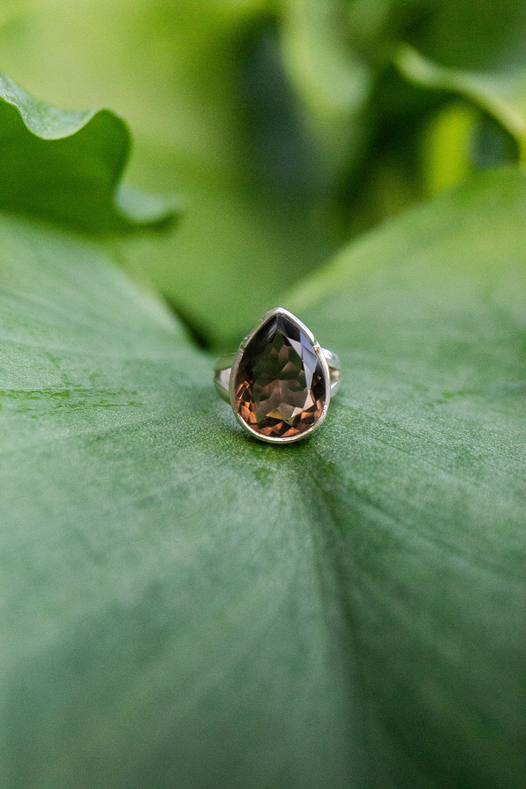 Faceted Smokey Quartz Ring set in Sterling Silver Setting - Size 7 US