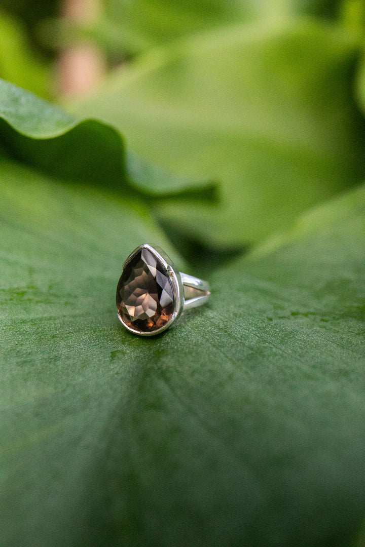 Faceted Smokey Quartz Ring set in Sterling Silver Setting - Size 7 US