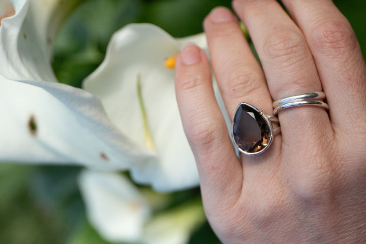 Faceted Smokey Quartz Ring set in Sterling Silver Setting - Size 7 US