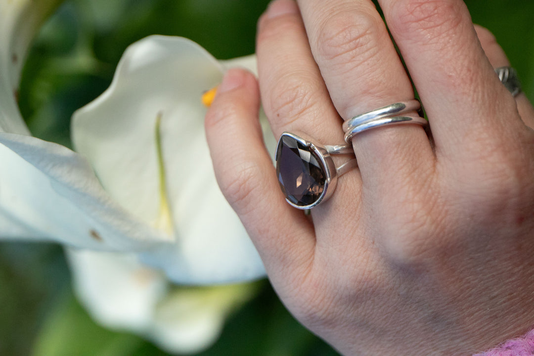 Faceted Smokey Quartz Ring set in Sterling Silver Setting - Size 7 US