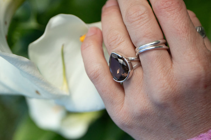 Faceted Smokey Quartz Ring set in Sterling Silver Setting - Size 7 US