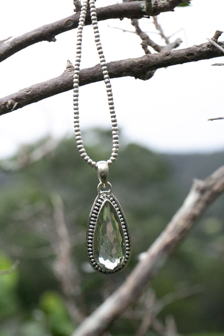 Faceted Green Amethyst or Prasiolite Pendant in Unique 92.5% Sterling Silver