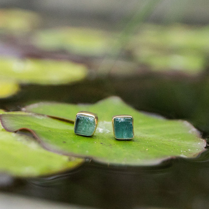 Raw Indicolite or Blue Tourmaline Studs in Gold Plated Sterling Silver