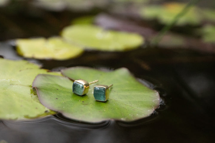 Raw Indicolite or Blue Tourmaline Studs in Gold Plated Sterling Silver