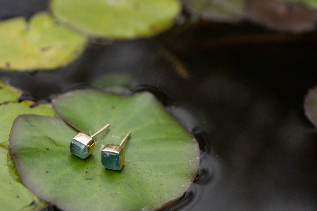 Raw Indicolite or Blue Tourmaline Studs in Gold Plated Sterling Silver