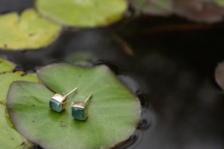 Raw Indicolite or Blue Tourmaline Studs in Gold Plated Sterling Silver