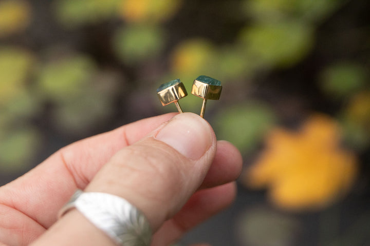 Raw Indicolite or Blue Tourmaline Studs in Gold Plated Sterling Silver