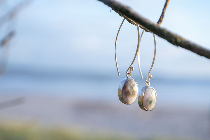 Ocean Jasper on Long Hook Earrings set in 92.5% Sterling Silver