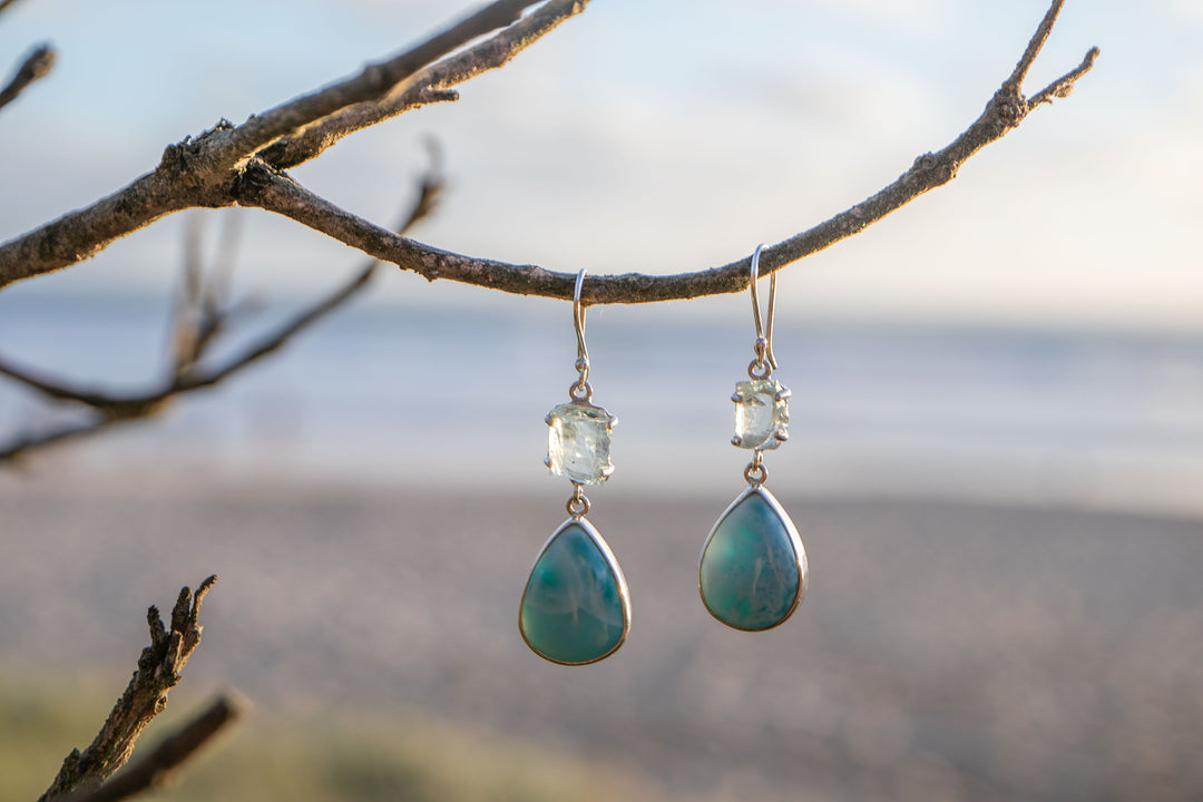 Larimar and Raw Aquamarine Earrings set in Sterling Silver