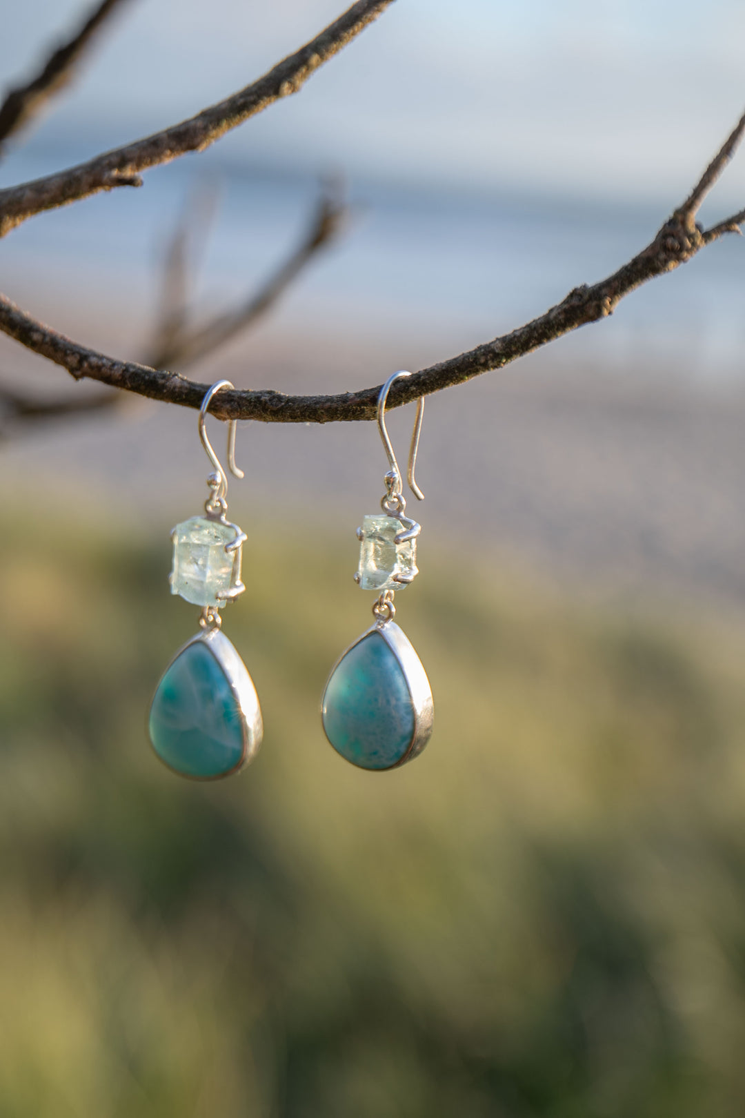 Larimar and Raw Aquamarine Earrings set in Sterling Silver