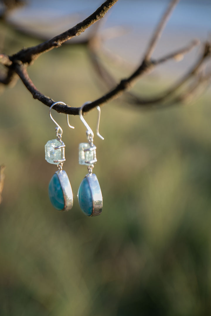 Larimar and Raw Aquamarine Earrings set in Sterling Silver