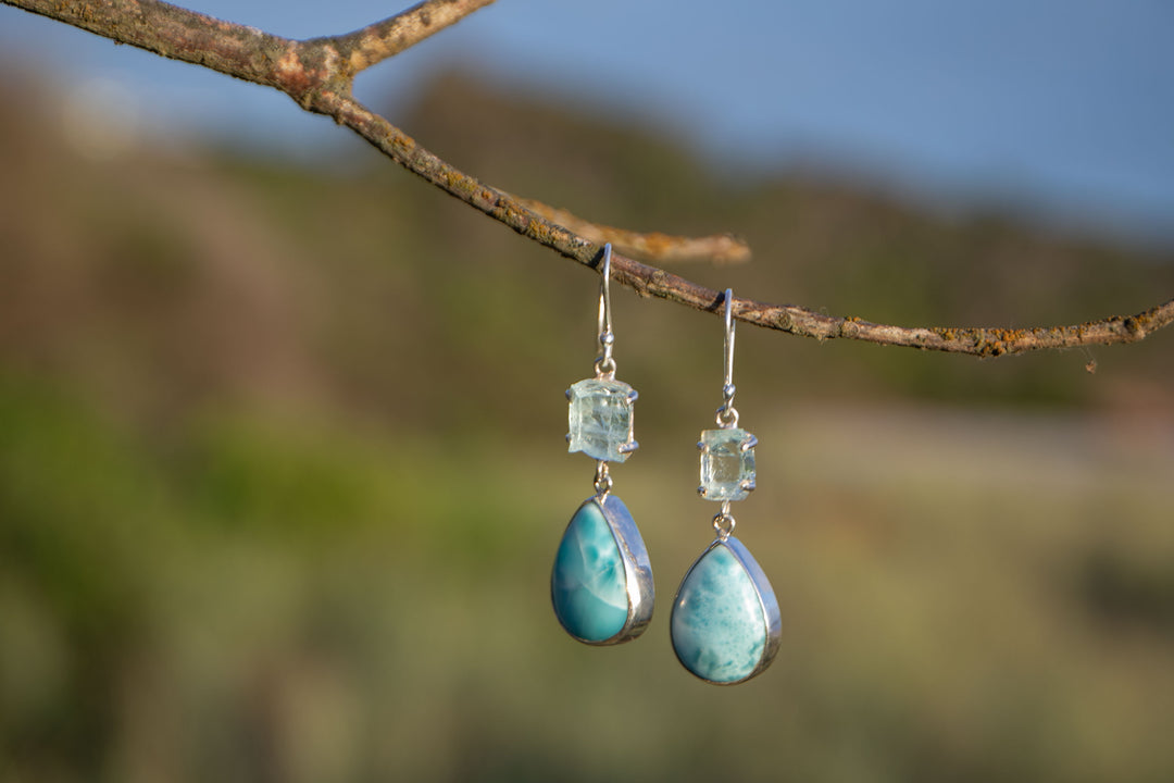 Larimar and Raw Aquamarine Earrings set in Sterling Silver