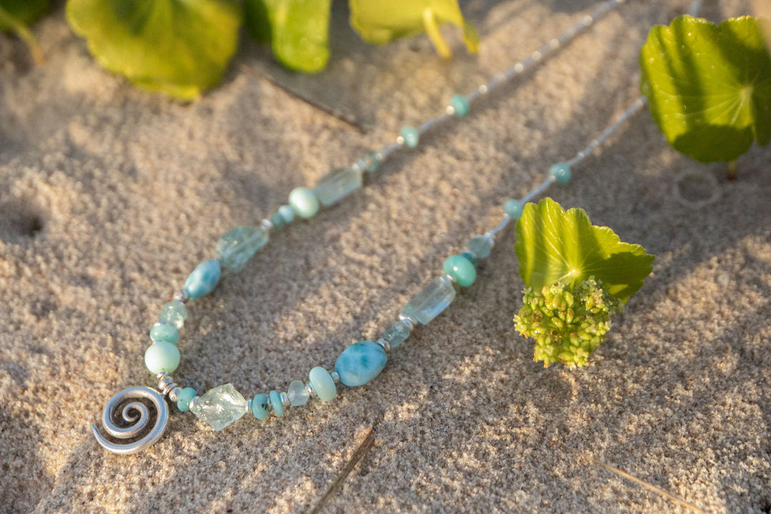 Aquamarine, Larimar, Peruvian Opal Necklace with Hill Tribe Silver Beads and Spiral Pendant