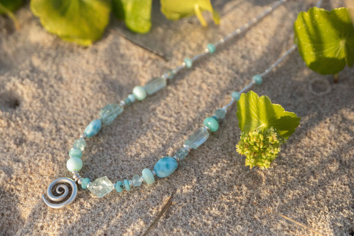 Aquamarine, Larimar, Peruvian Opal Necklace with Hill Tribe Silver Beads and Spiral Pendant