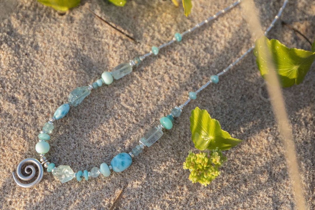 Aquamarine, Larimar, Peruvian Opal Necklace with Hill Tribe Silver Beads and Spiral Pendant