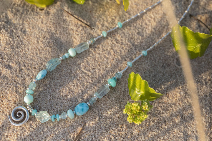 Aquamarine, Larimar, Peruvian Opal Necklace with Hill Tribe Silver Beads and Spiral Pendant