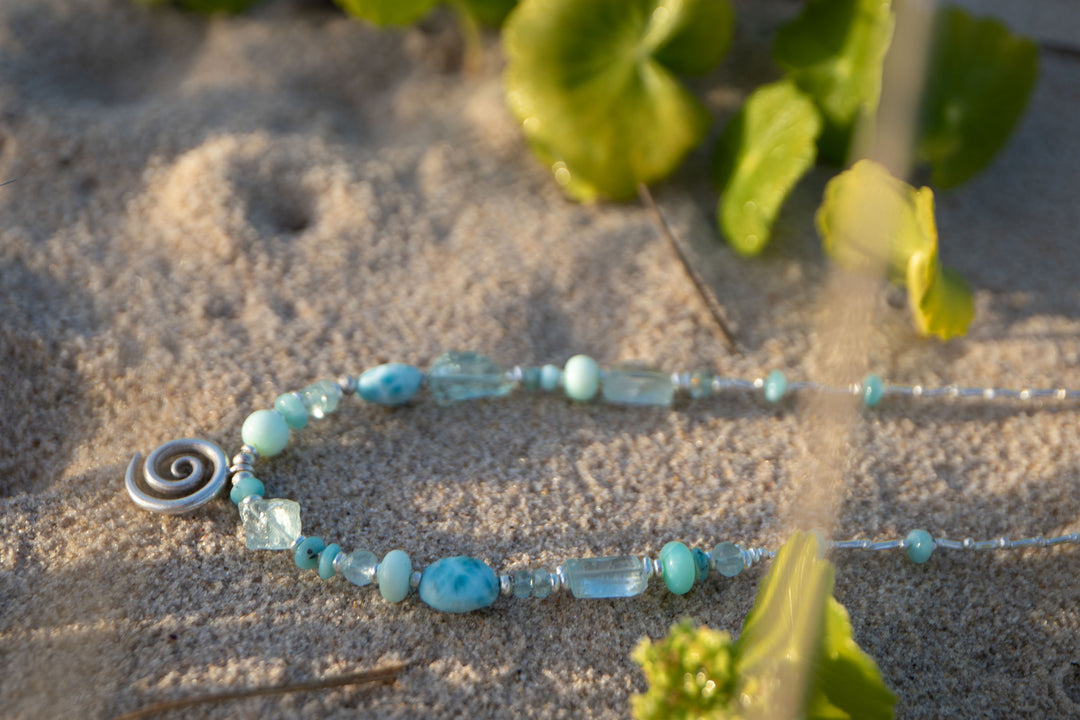 Aquamarine, Larimar, Peruvian Opal Necklace with Hill Tribe Silver Beads and Spiral Pendant