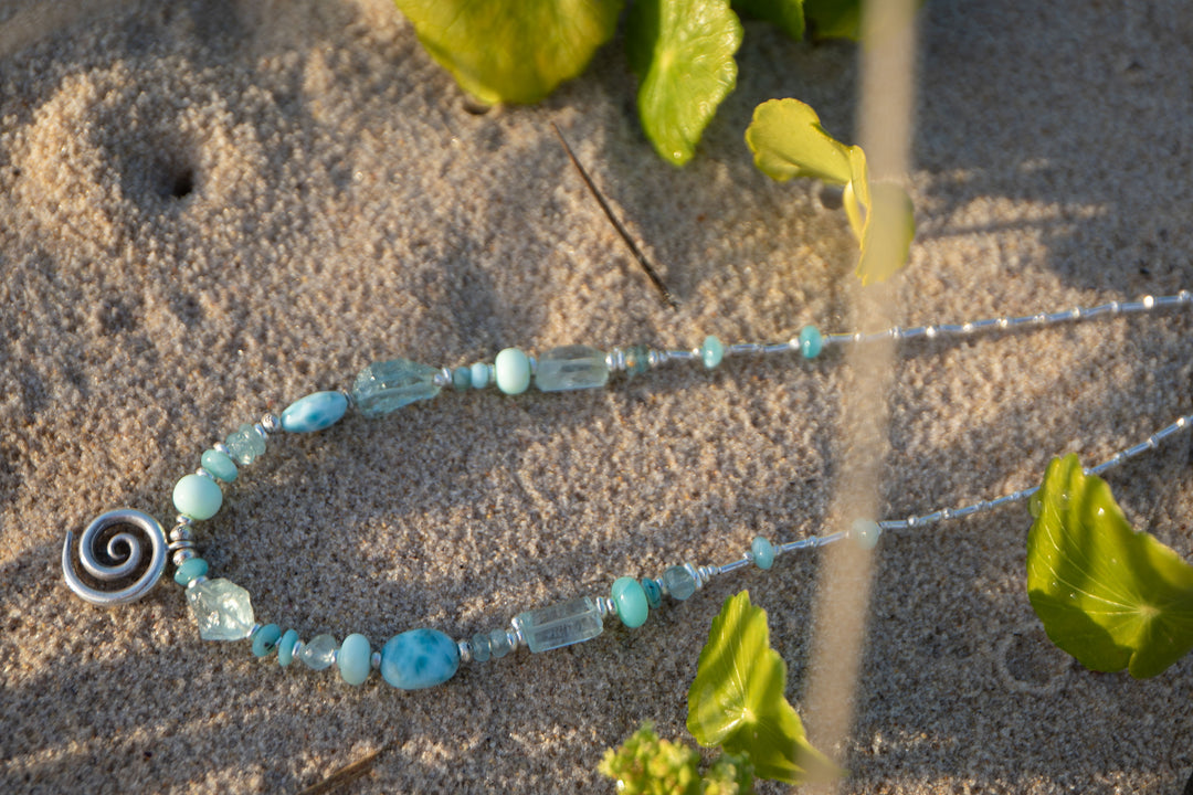 Aquamarine, Larimar, Peruvian Opal Necklace with Hill Tribe Silver Beads and Spiral Pendant