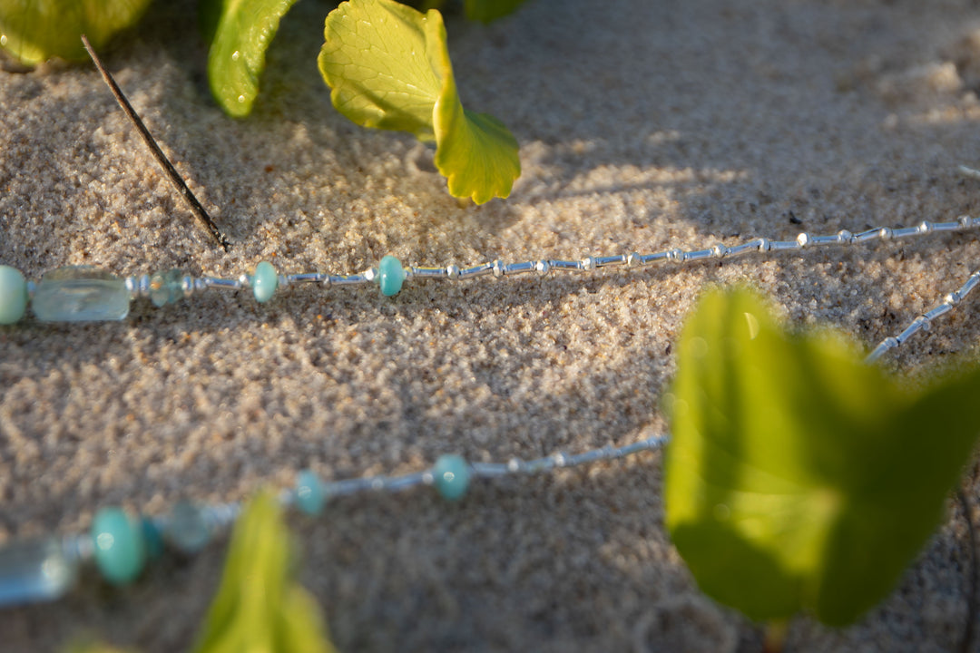 Aquamarine, Larimar, Peruvian Opal Necklace with Hill Tribe Silver Beads and Spiral Pendant