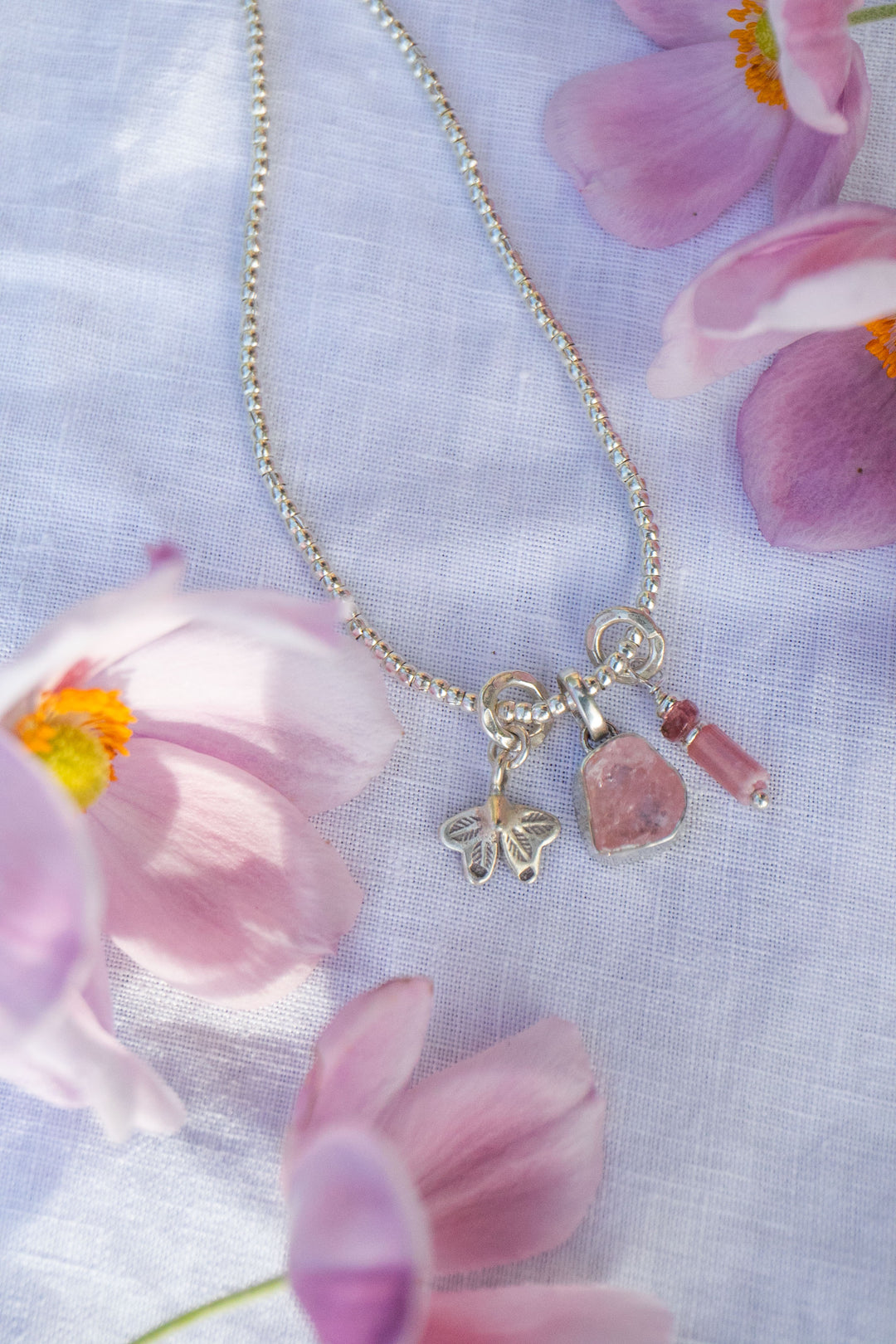 Morganite, Tourmaline and Thai Silver Charm Necklace